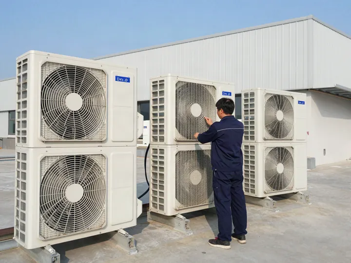 Técnico conferindo unidades externas de VRF no terraço de um prédio comercial