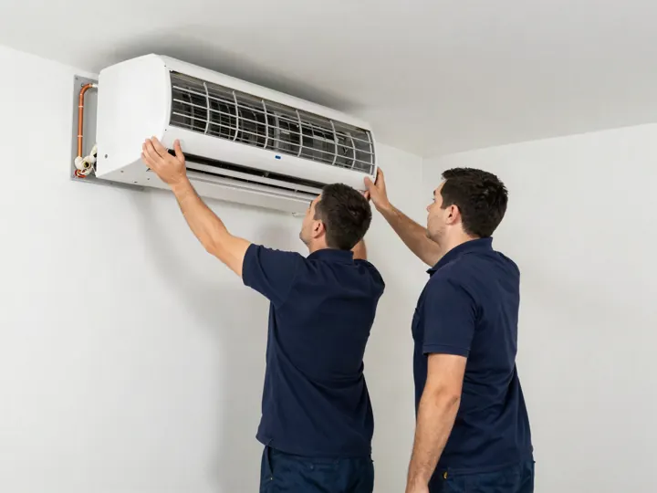 Dois técnicos tirando um ar-condicionado split da parede